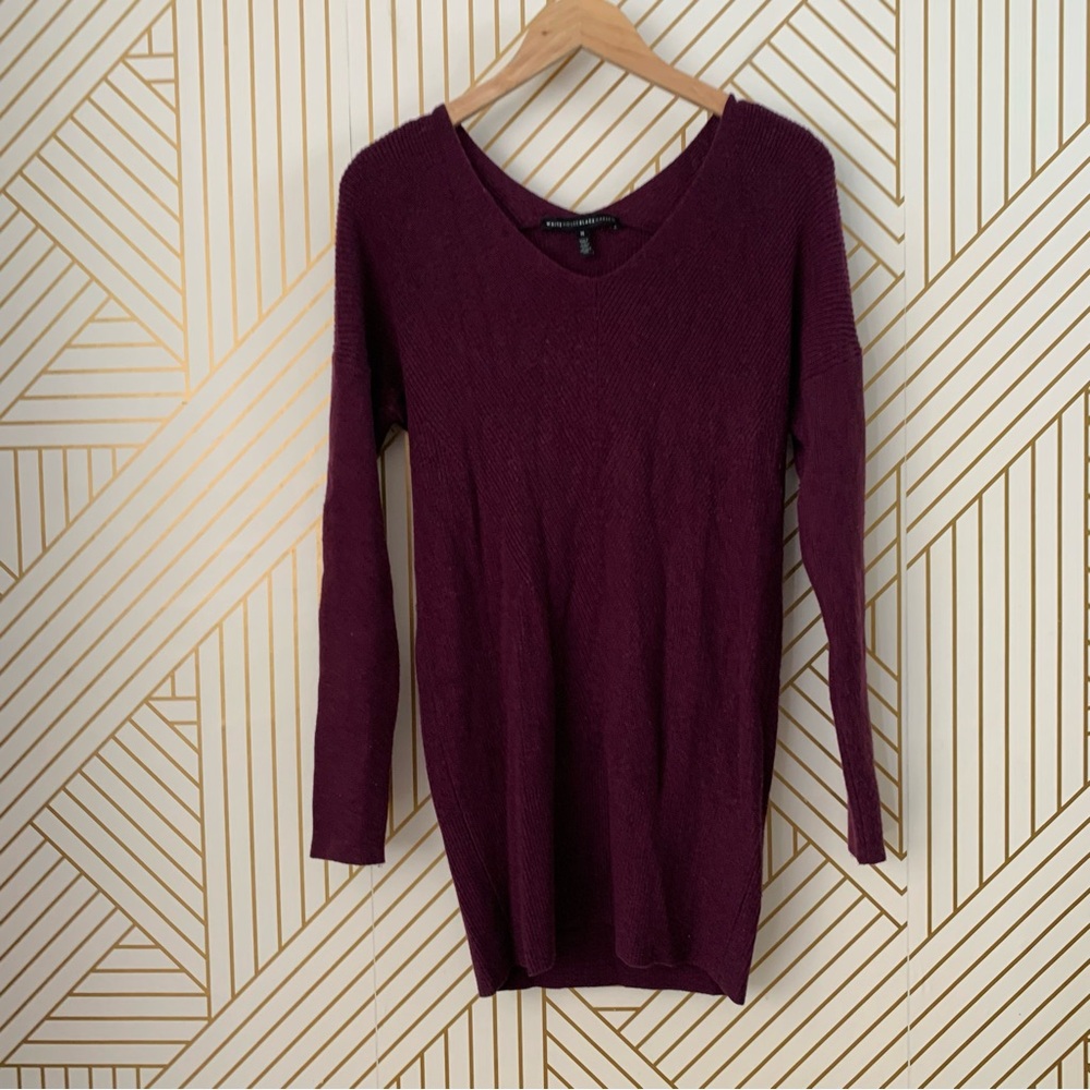 WHBM Cashmere Blend ribbed knit V Neck Tunic style Sweater Burgundy maroon M
